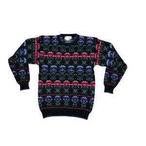 Vtg Deans of Scotland Wool Knit Womens Pullover Sweater Floral Sz Medium Preppy